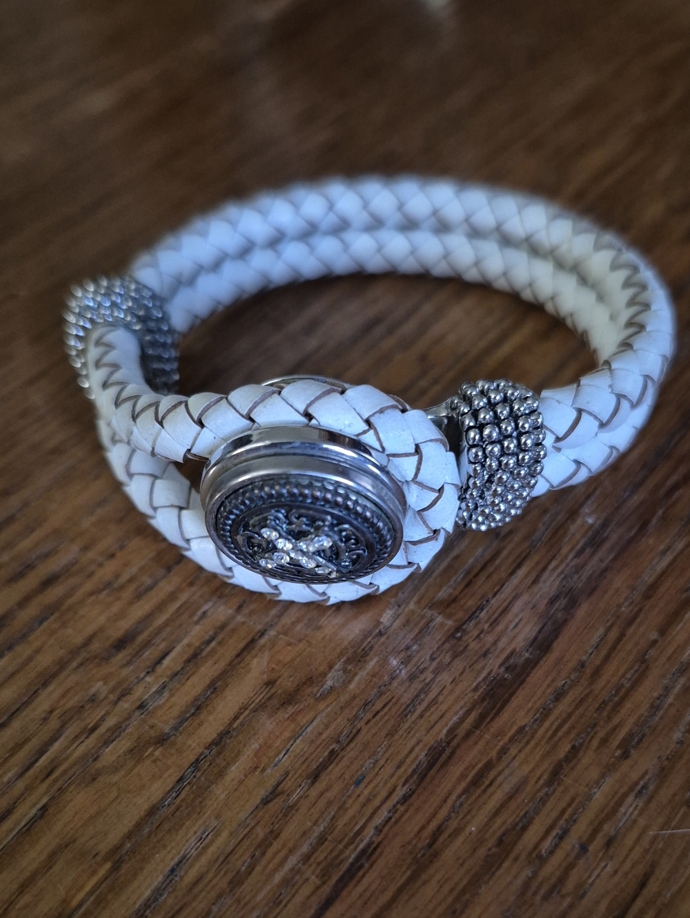 Braided White Leather Wrap Bracelet with Silver Medallion